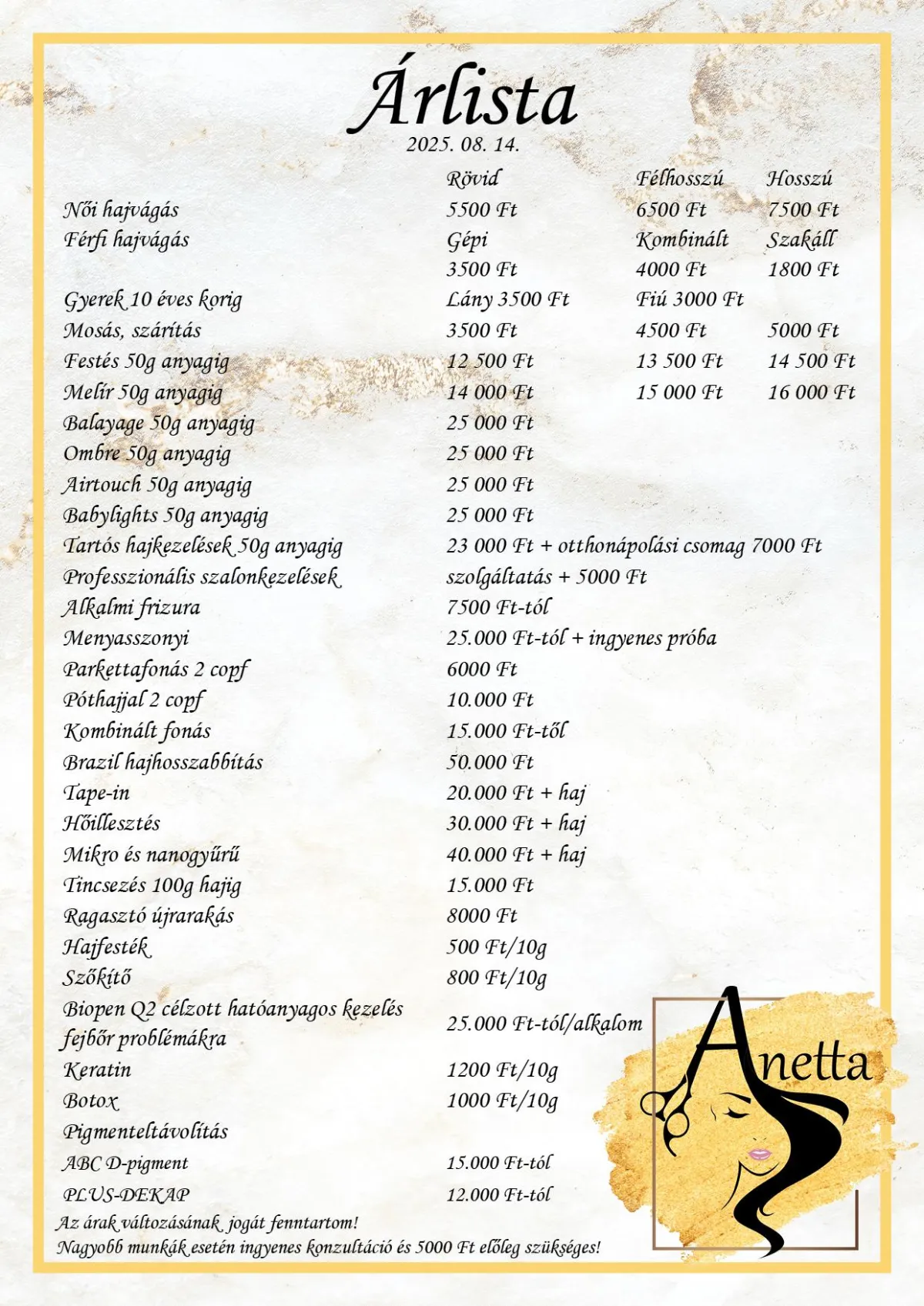 Orbán Anetta Fodrászat árlista