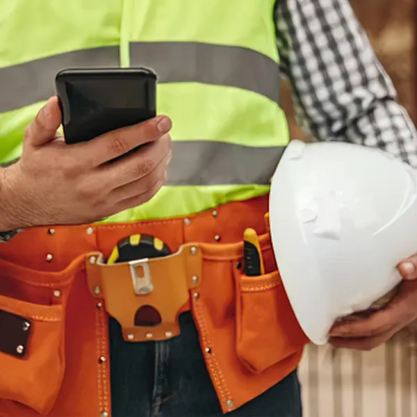 A construction worker holding a mobile phone