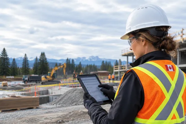 A construction worker holding a tablet