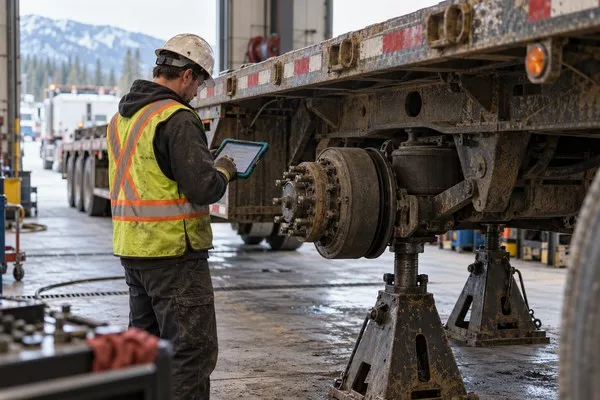 Mechanic checking a tablet checklist beside a raised trailer axle on jack stands in a truck shop.