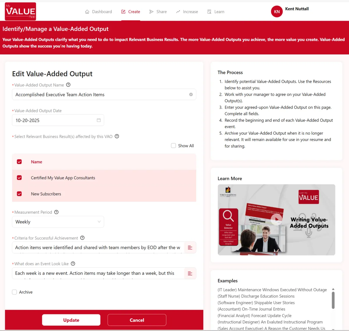 The edit Value-Added Output page in the My Value App