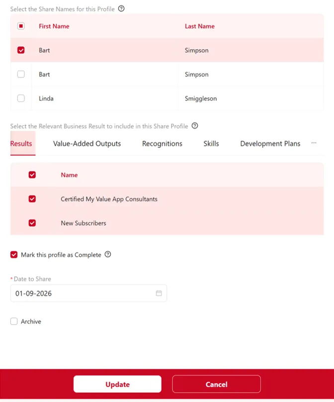 Share Profile page in the My Value App