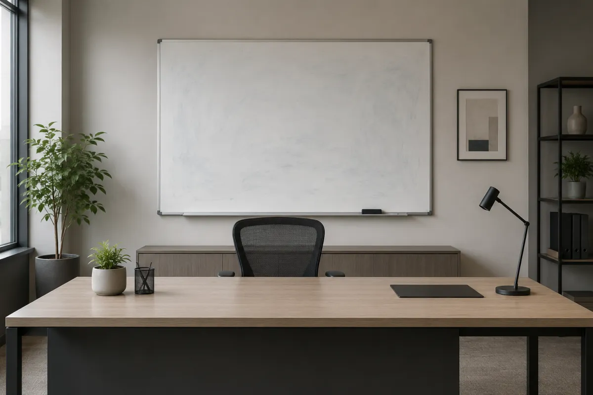 An empty desk. An empty white board. An empty chair.