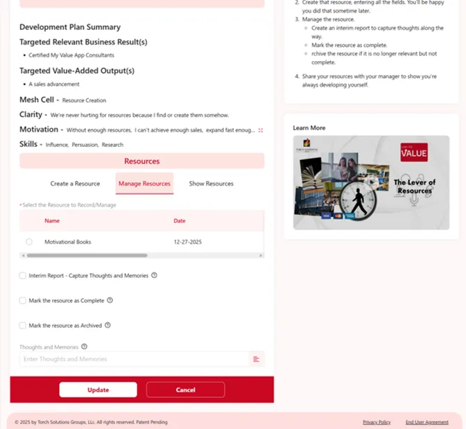 Development Plan Summary page in the My Value App