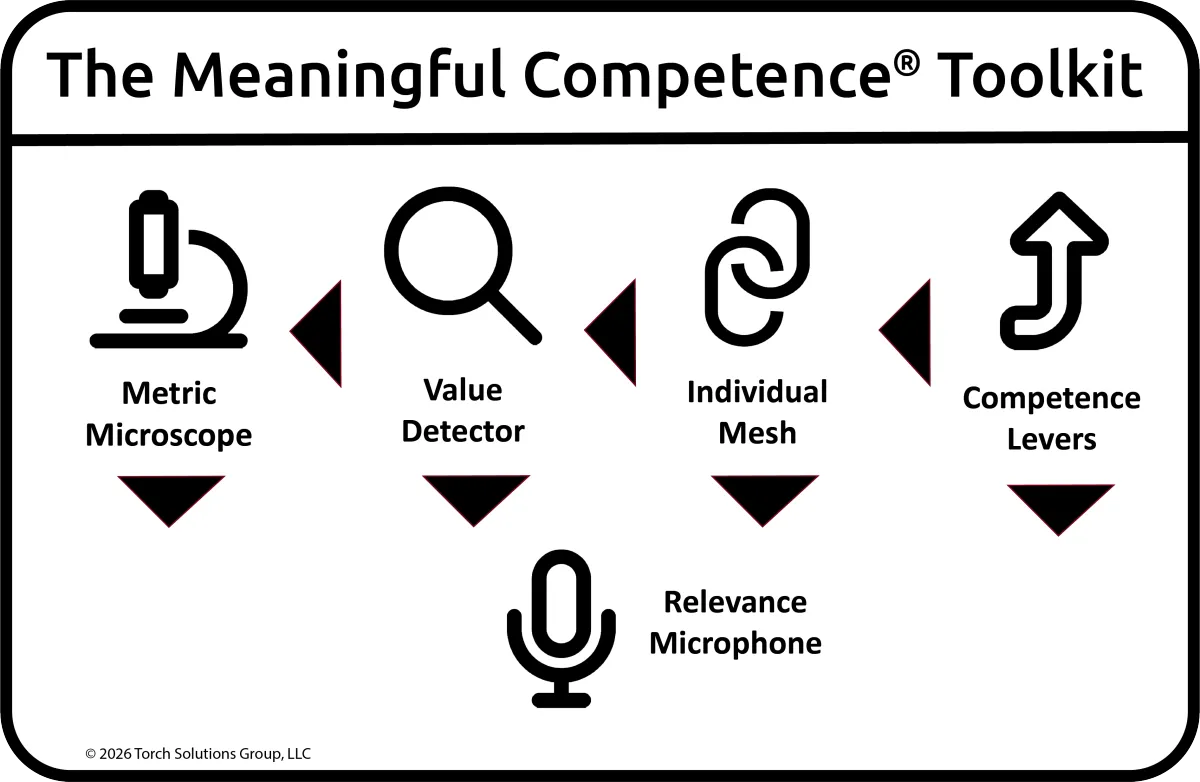 The Meaningful Competence Toolkit. Shows the Metric Microscope, Value Detector, Individual Mesh, Competence Levers, and Relevance Microphone.
