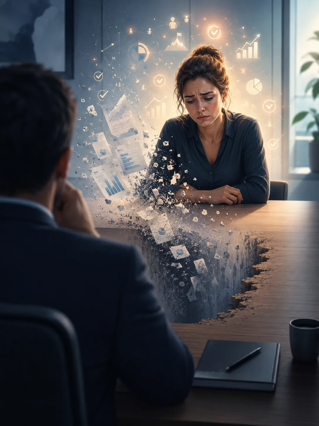 Woman in a manager review meeting trying to figure out how to best describe and prove the value she created.