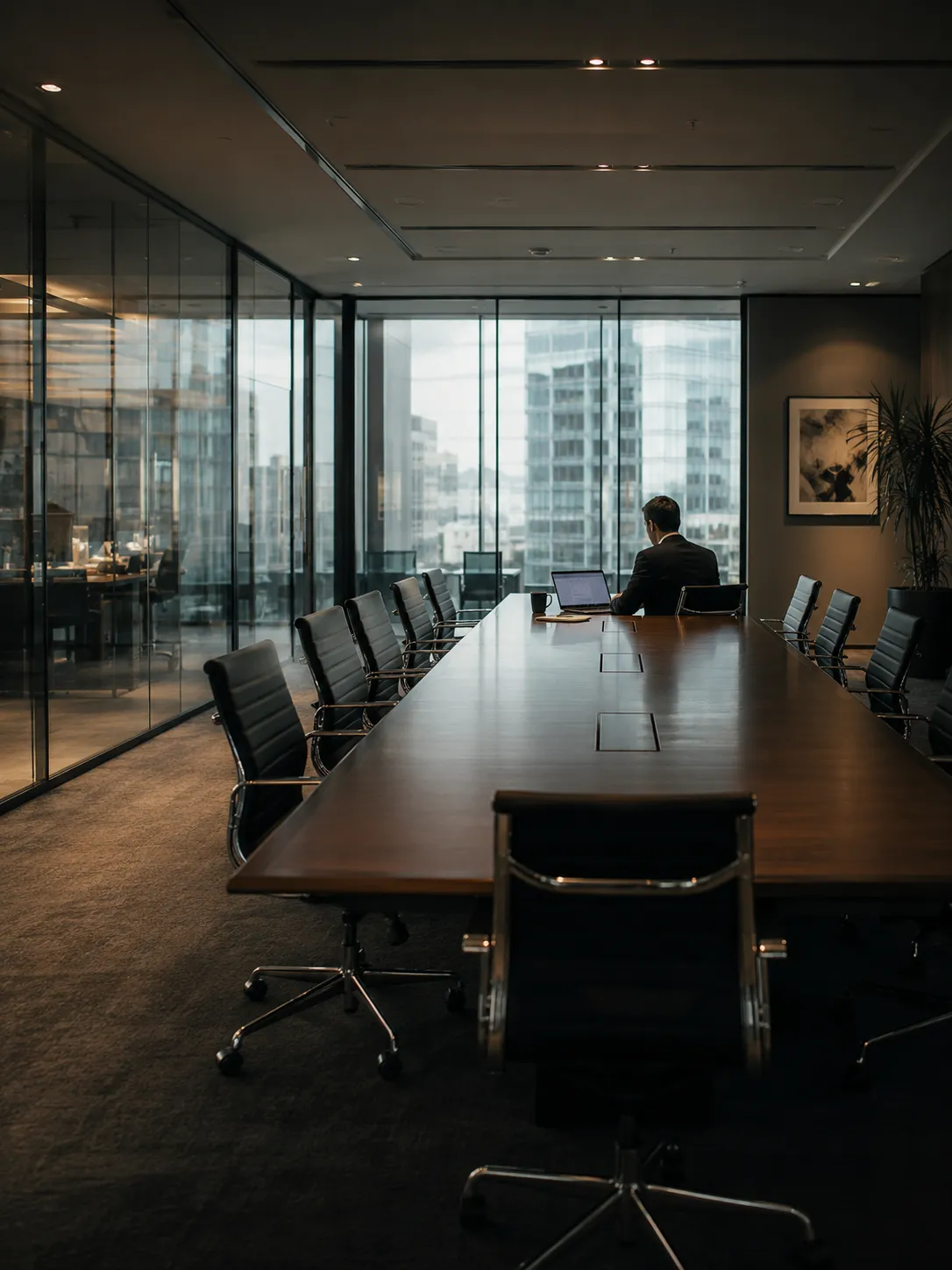 Consultant sitting alone in a conference room preparing for a meeting with a client