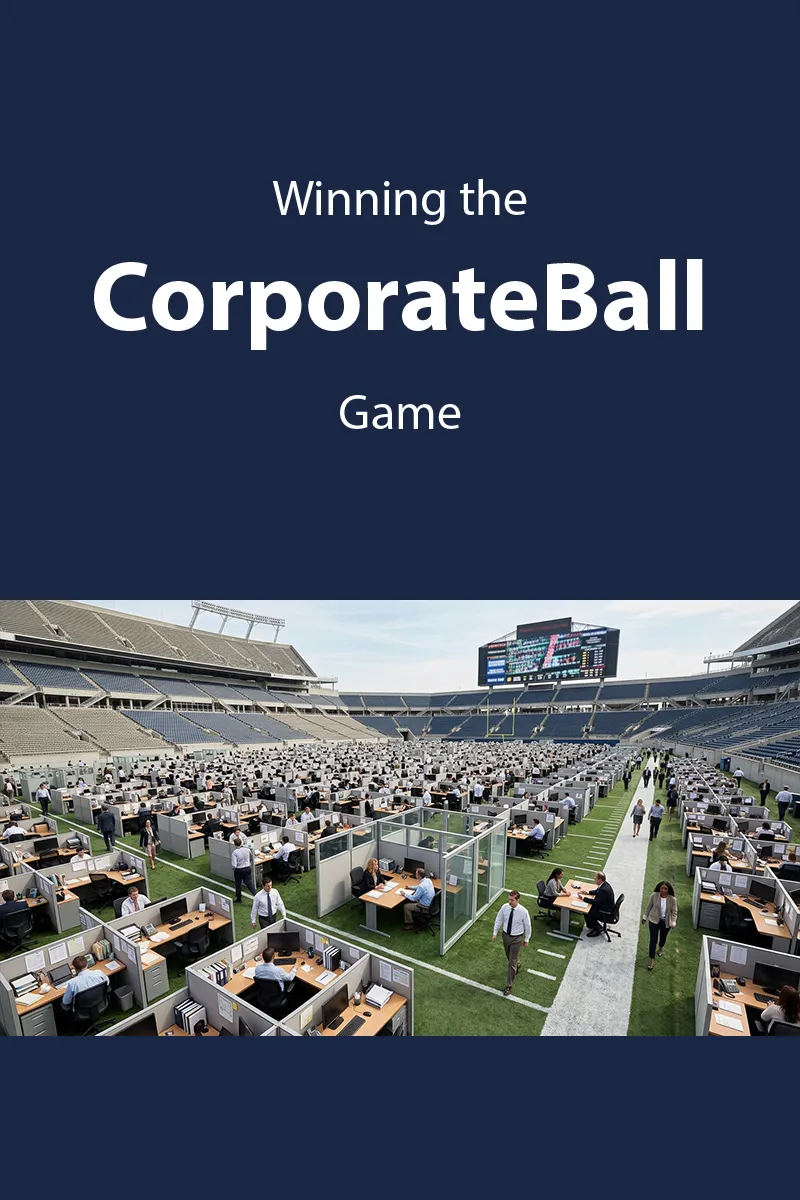 Cover page for "Winning the CorporateBall Game." A picture shows an office environment in a stadium.