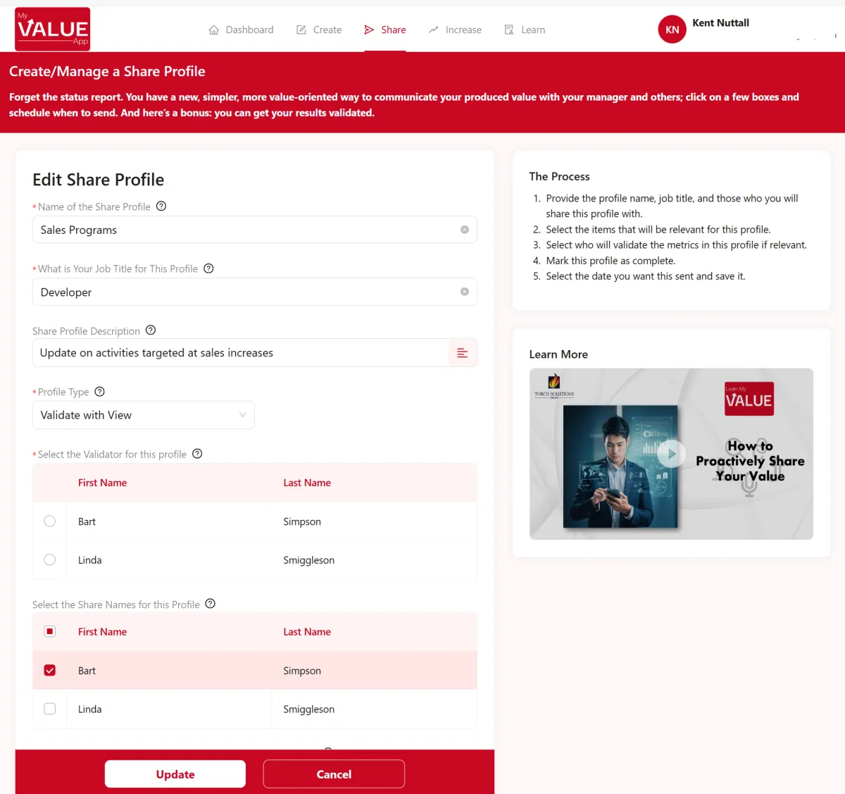 Screen shot of a My Value App create my value page