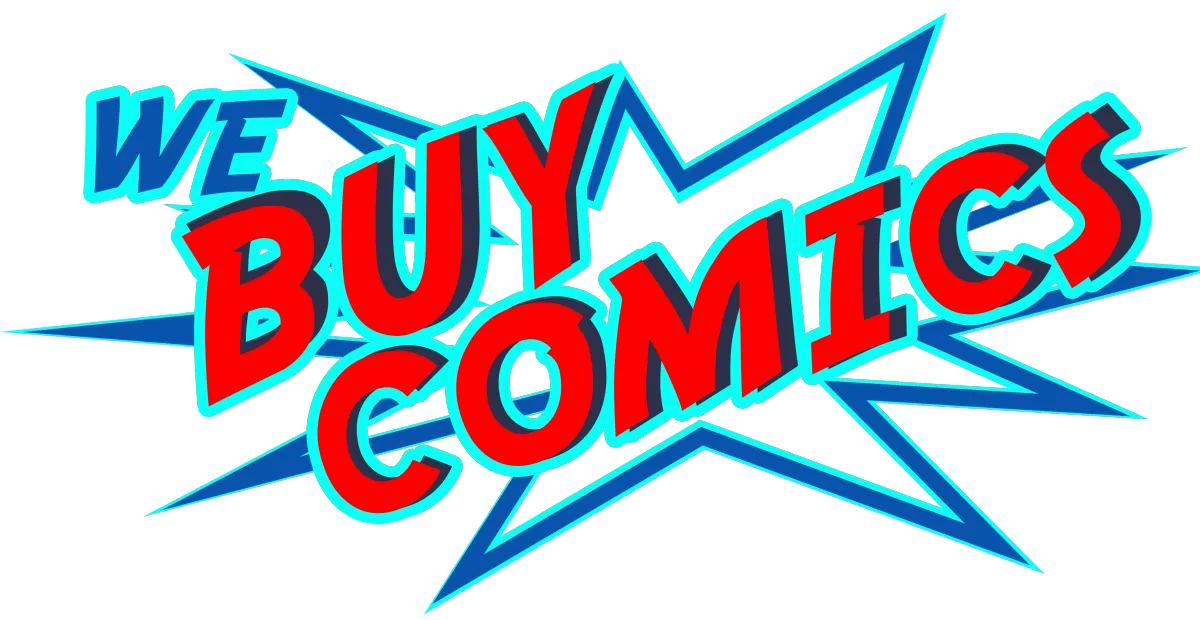 Logo of We Buy Comics, a company specializing in purchasing comic books. for the most moey