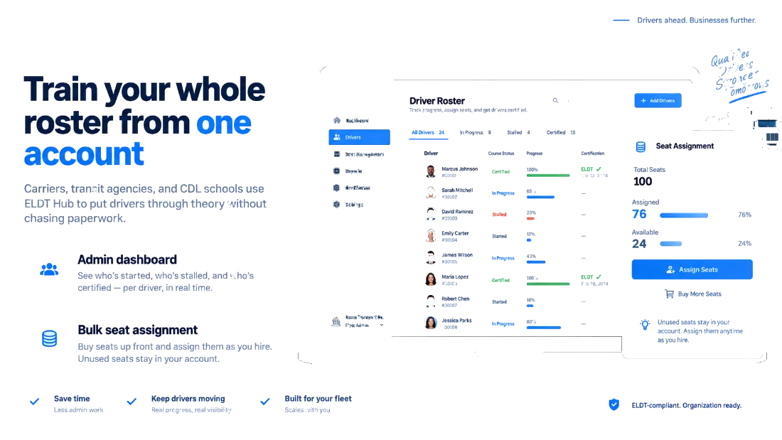 ELDT Hub admin dashboard for fleets and CDL schools
