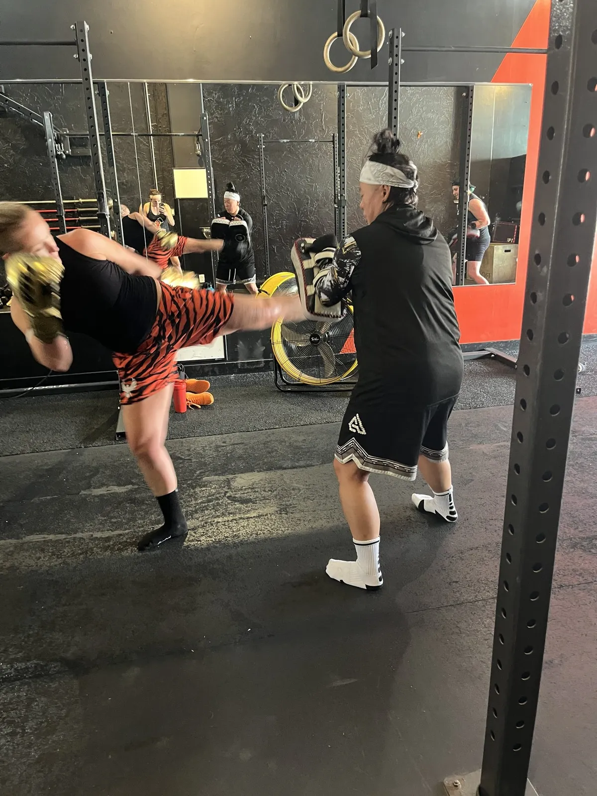 A member throwing a head kick into pads