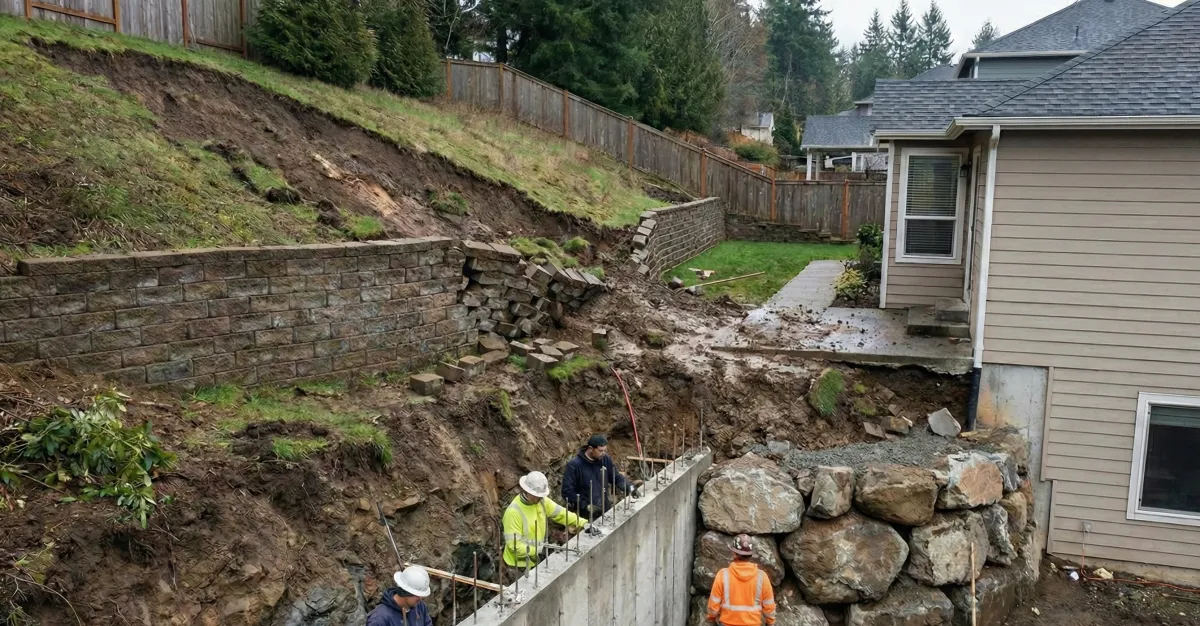 Failing retaining wall repair and erosion control