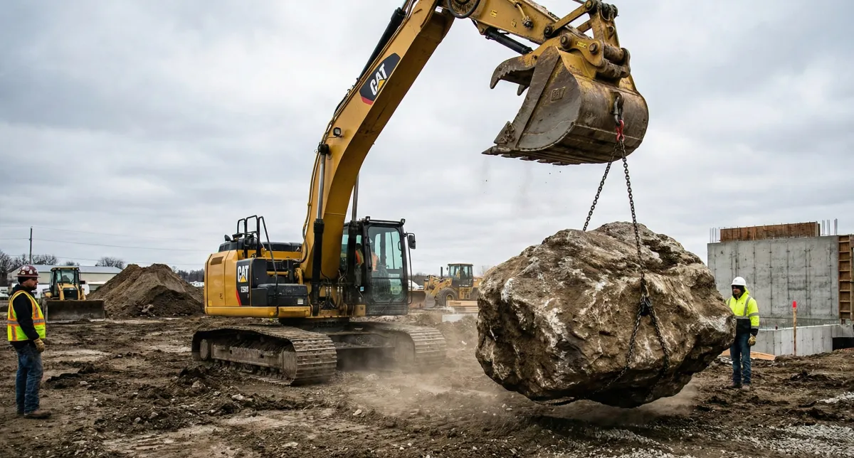 Excavator lifting a massive boulder at a construction site, demonstrating heavy machinery used for rock wall installation and landscaping.