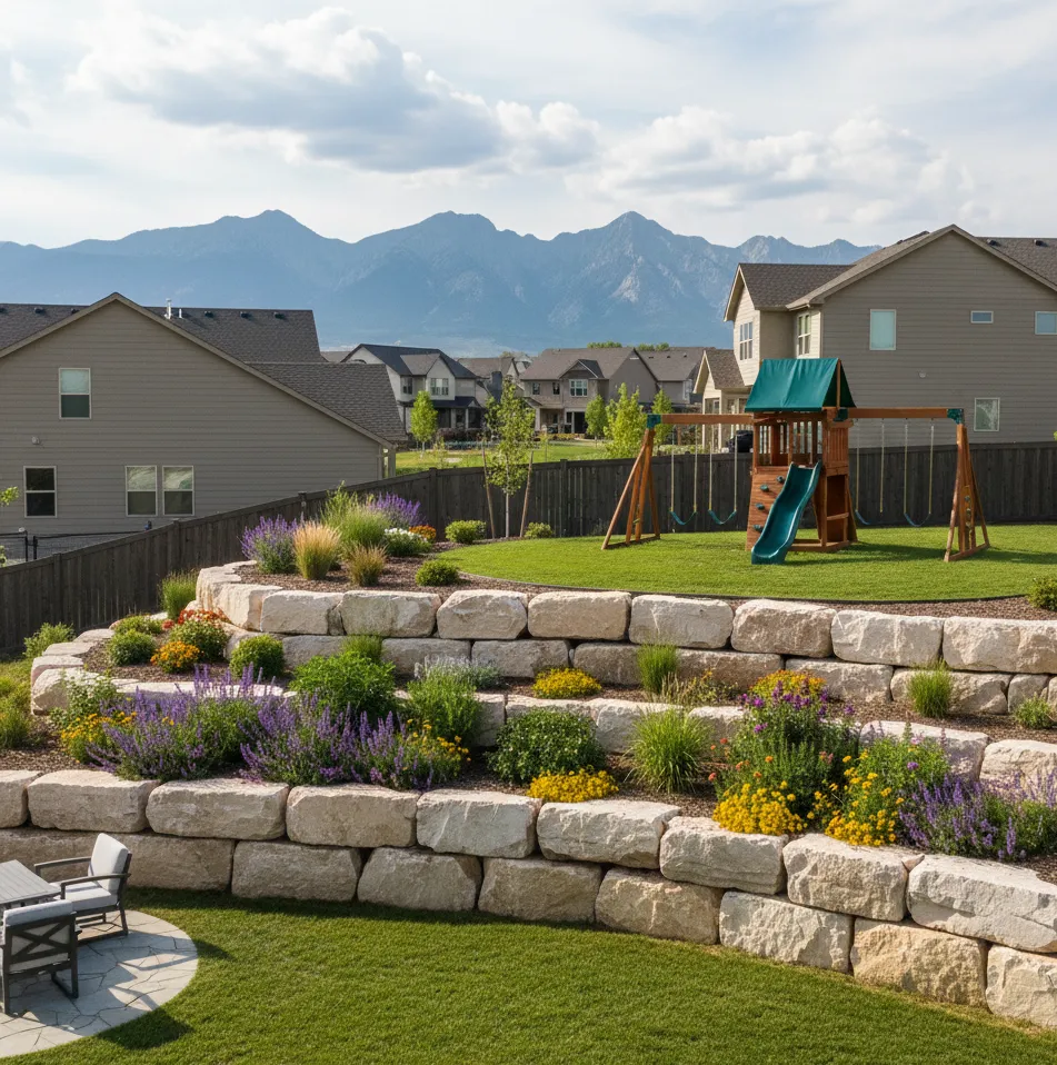 Terraced boulder retaining wall for steep slopes