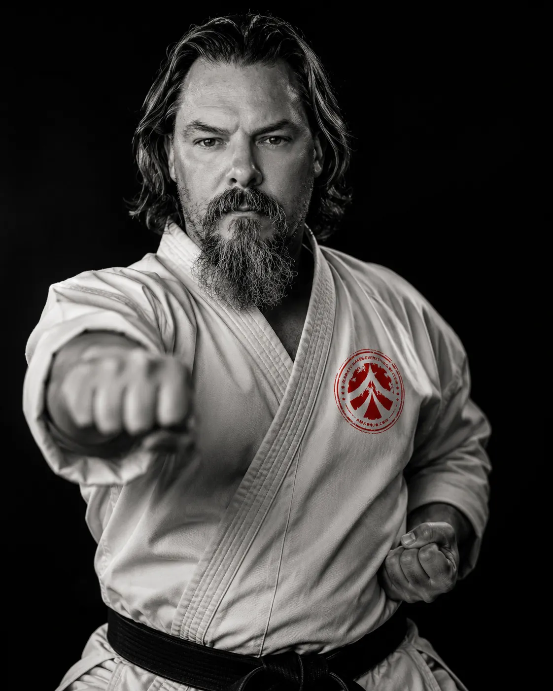 A group of teenagers in traditional white gi uniforms and black belts practicing martial arts punches in a well-lit dojo setting. A focused young man is in the foreground, with others lined up behind him. A large red and black martial arts logo is visible on the wall in the background.