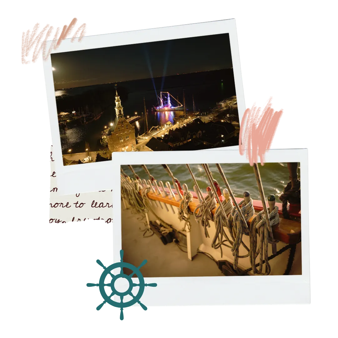 Luchtfoto van Trouwschip Bounty in de verlichte Bataviahaven van Lelystad bij nacht en close-up van touwwerk aan boord.