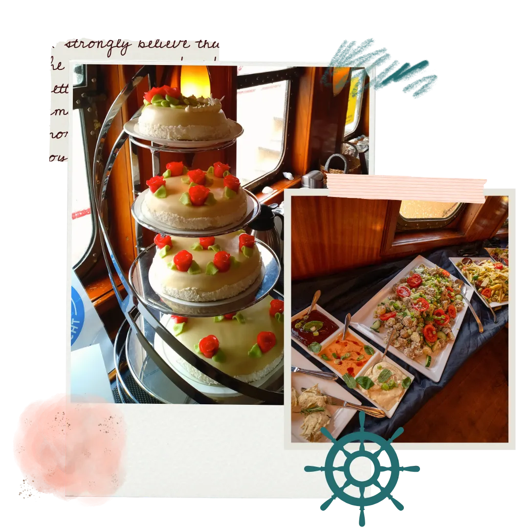 Catering en culinaire beleving op het dek van Trouwschip Bounty met uitzicht op het water.