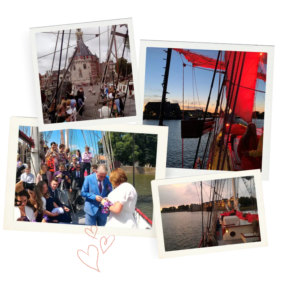 Trouwen op het water in Hoorn: Collage van een huwelijksceremonie op het dek van zeilschip Bounty met uitzicht op de historische Hoofdtoren en een romantische zonsondergang op het Markermeer.
