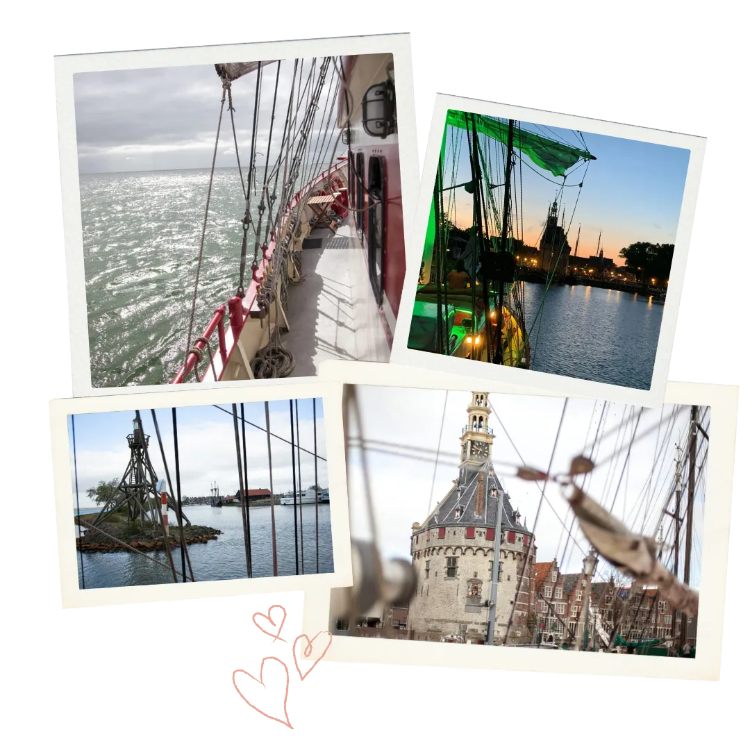 Officiële trouwlocatie Hoorn: Impressie van zeilschip Bounty met beelden van het authentieke houten dek, de monumentale Hoofdtoren aan de kade en varen op het open water.