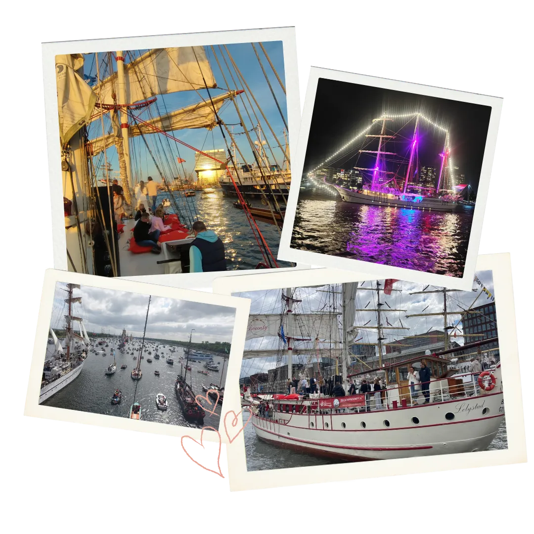 Collage van een bruiloft op het IJ in Amsterdam: een huwelijksceremonie op het dek van zeilschip Bounty met uitzicht op de Amsterdamse skyline en zonsondergang.