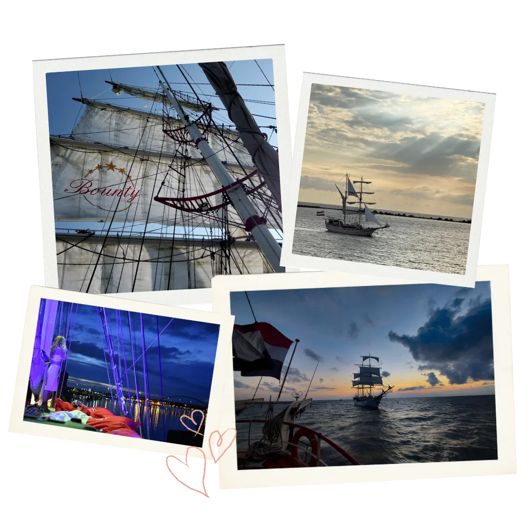 Sfeerimpressie trouwen op het water: detail van de Bounty zeilen, het schip aan de horizon bij Lelystad, een bruid op het dek en een romantisch uitzicht over het Markermeer tijdens de schemering.