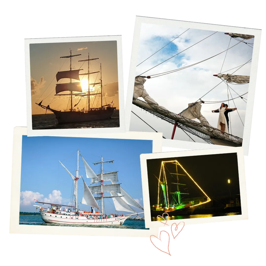 Fotocollage van Trouwschip Bounty in Lelystad: zeilen bij zonsondergang, een bruidspaar op de boegspriet, varend op het Markermeer en het schip feestelijk verlicht in de avond.