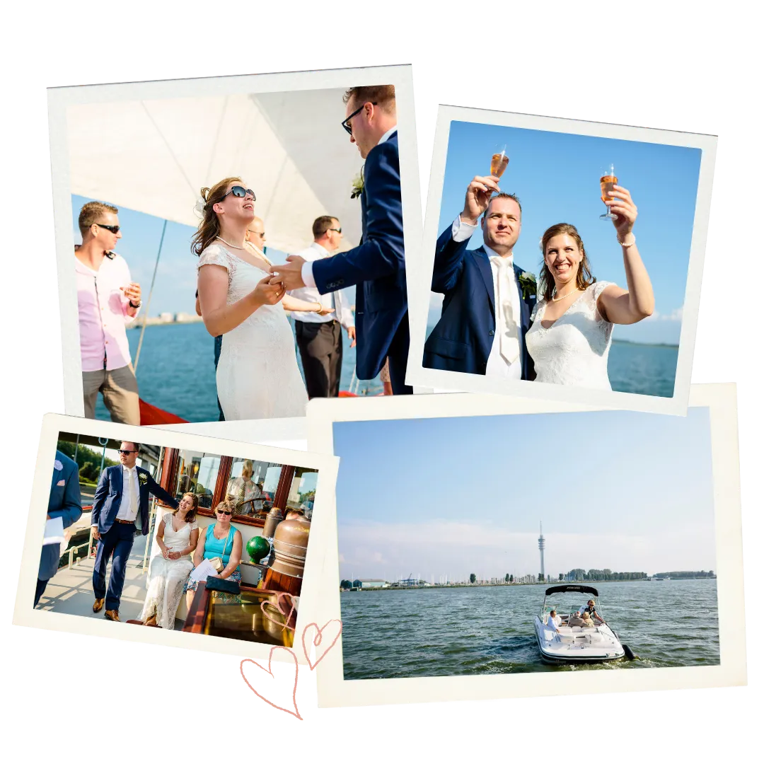 Bruidspaar proost met champagne op het dek van Trouwschip Bounty in de haven van Lelystad, met uitzicht op de horizon en gasten die genieten van de zon.