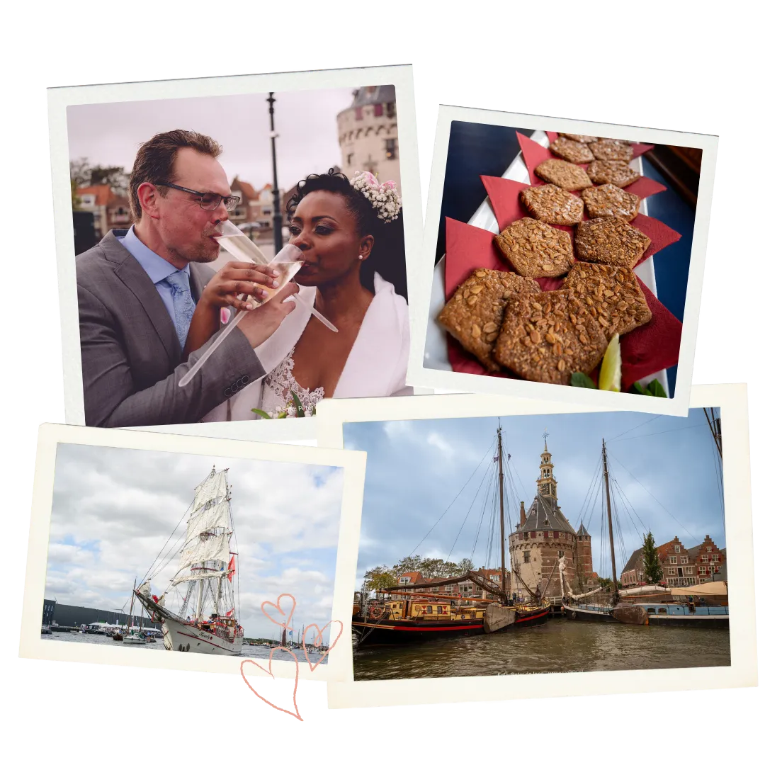 Fotocollage van een huwelijk op Trouwschip Bounty: bruidspaar proostend met champagne, traditionele VOC koeken, het witte zeilschip varend op het water en een historische havenlocatie.