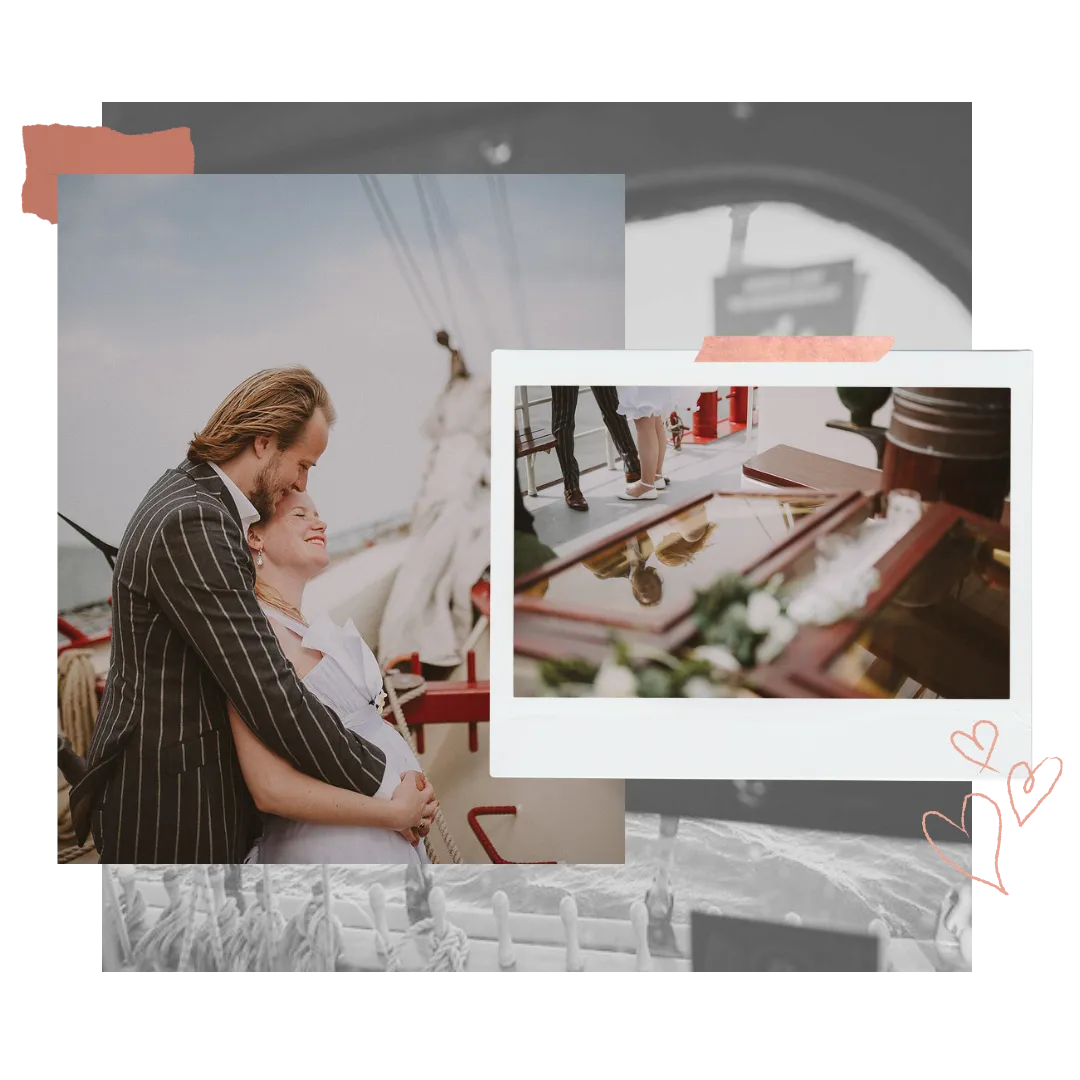 Nautische bruidscollage van een bruidegom en zwangere bruid op een zeilschip, met een detailfoto in polaroid-stijl.