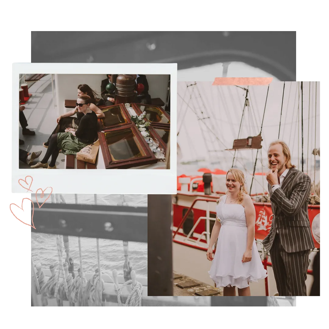 Collage van een symbolische huwelijksbeleving op Trouwschip Bounty, met een lachend bruidspaar aan dek en gasten in een ongedwongen setting op het water.