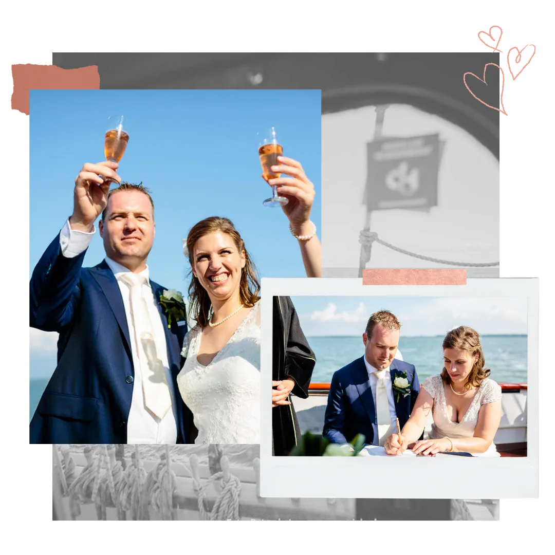 Sfeerimpressie van symbolisch trouwen: een bruidspaar proost met prosecco en ondertekent de liefdesakte aan boord van zeilschip Bounty in de Bataviahaven.