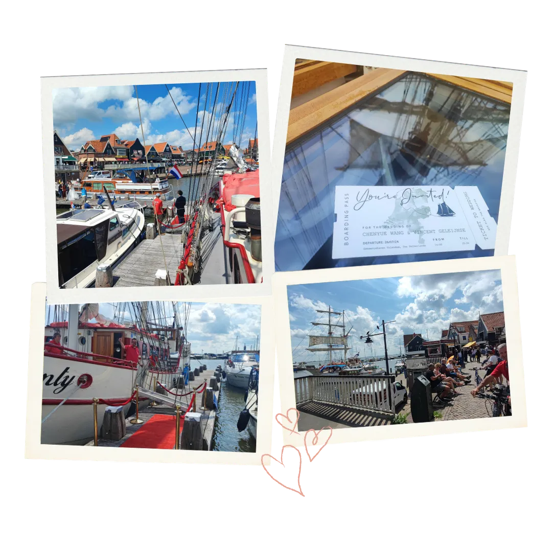 Trouwschip Bounty in de haven van Volendam met huwelijksuitnodiging en rode loper.