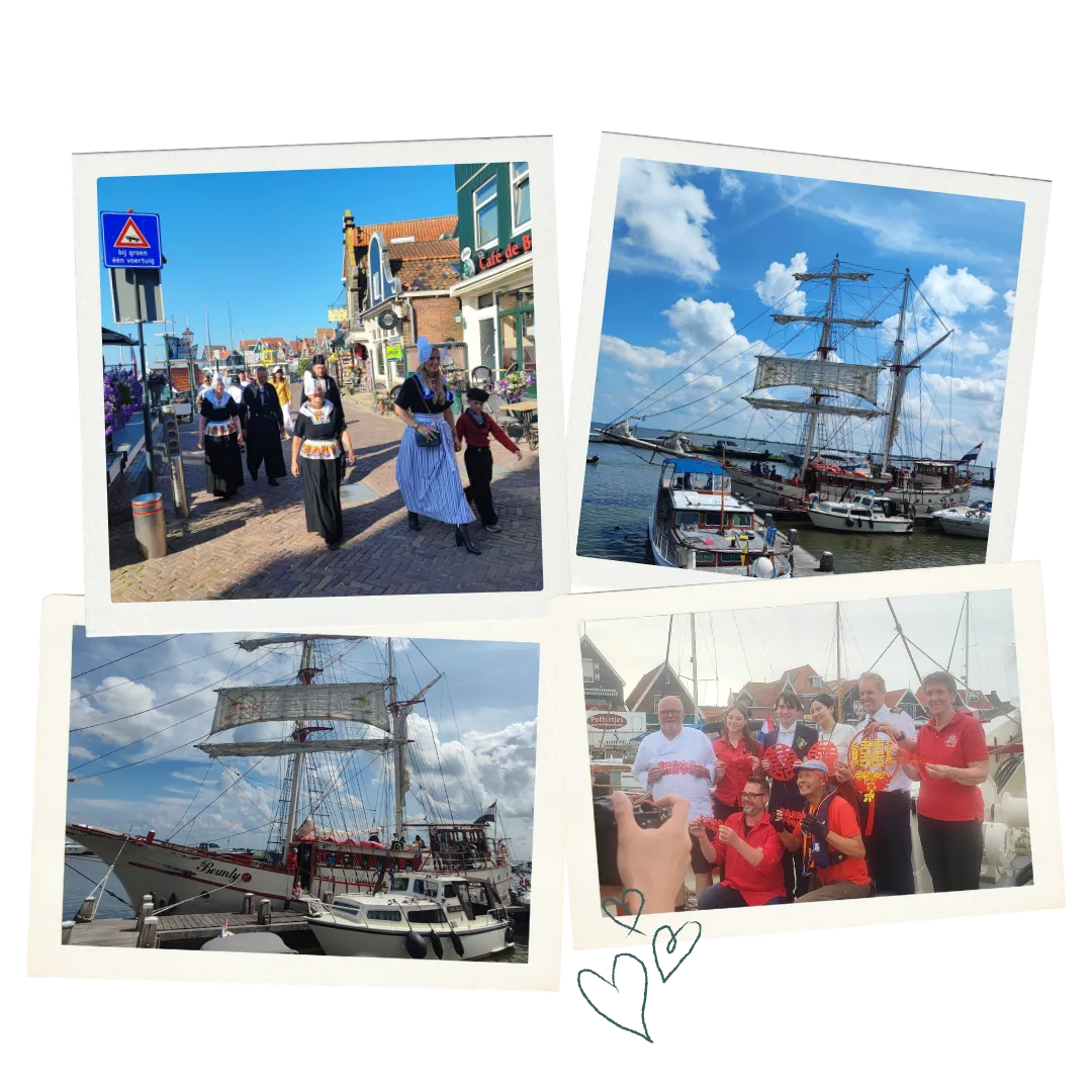 Gasten in Volendamse klederdracht en de bemanning van Trouwschip Bounty bij de driemaster.