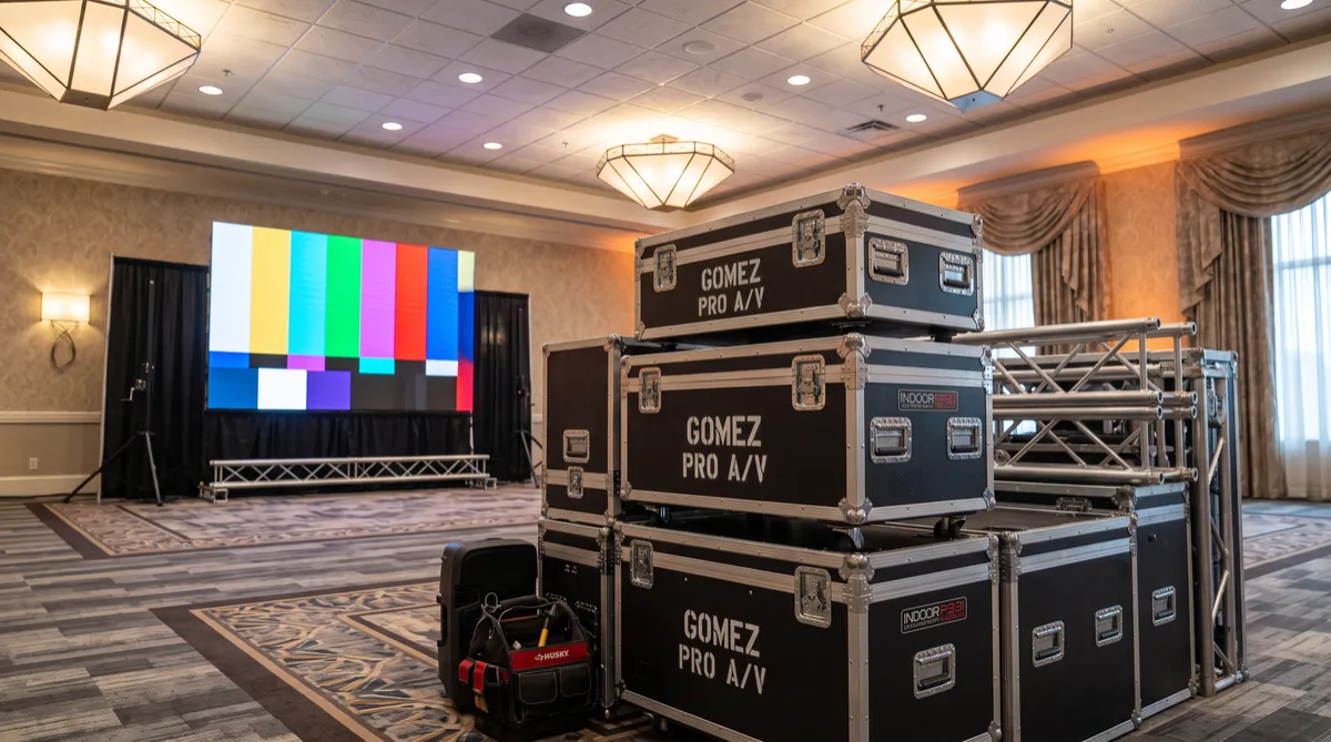 Technical spec grid showcasing line array audio mixing console and stage lighting setup