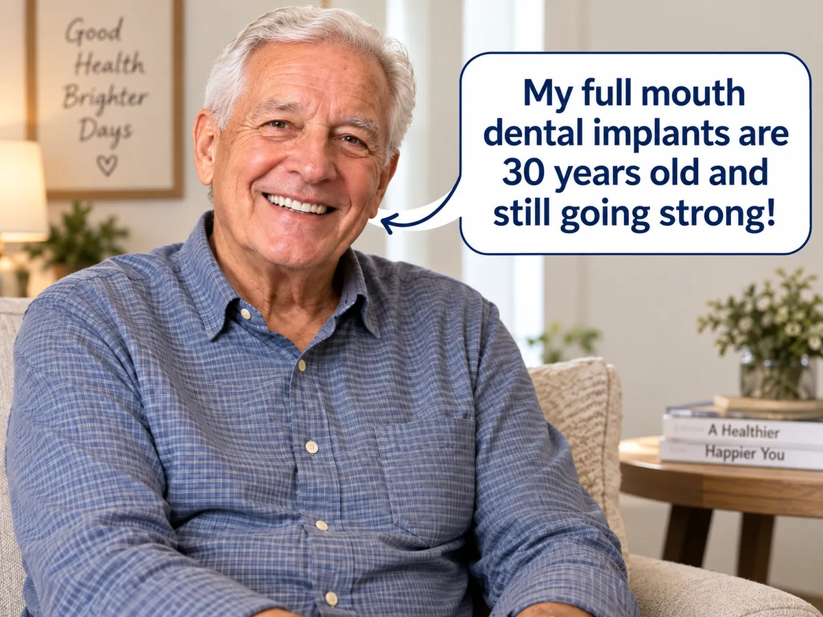 Image of a 75 year old male with nice teeth with a caption that reads: "My full mouth dental implants are 30 years old and still going strong!"