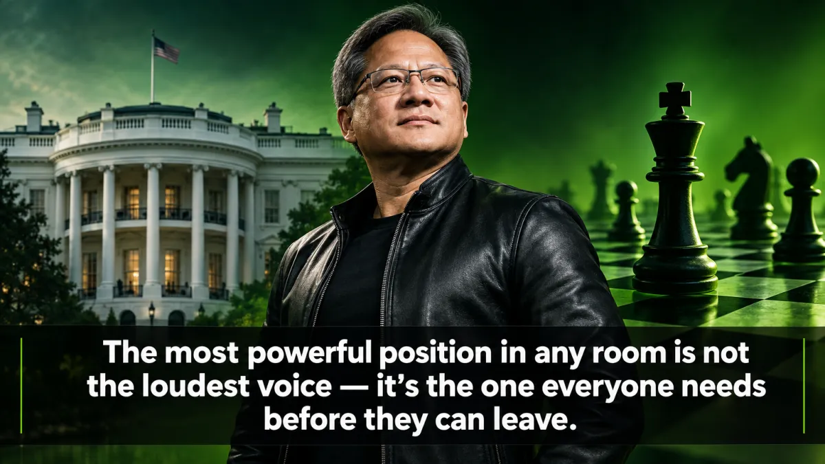 Jensen Huang editorial portrait with White House backdrop and chessboard motif — AuthorJason.com