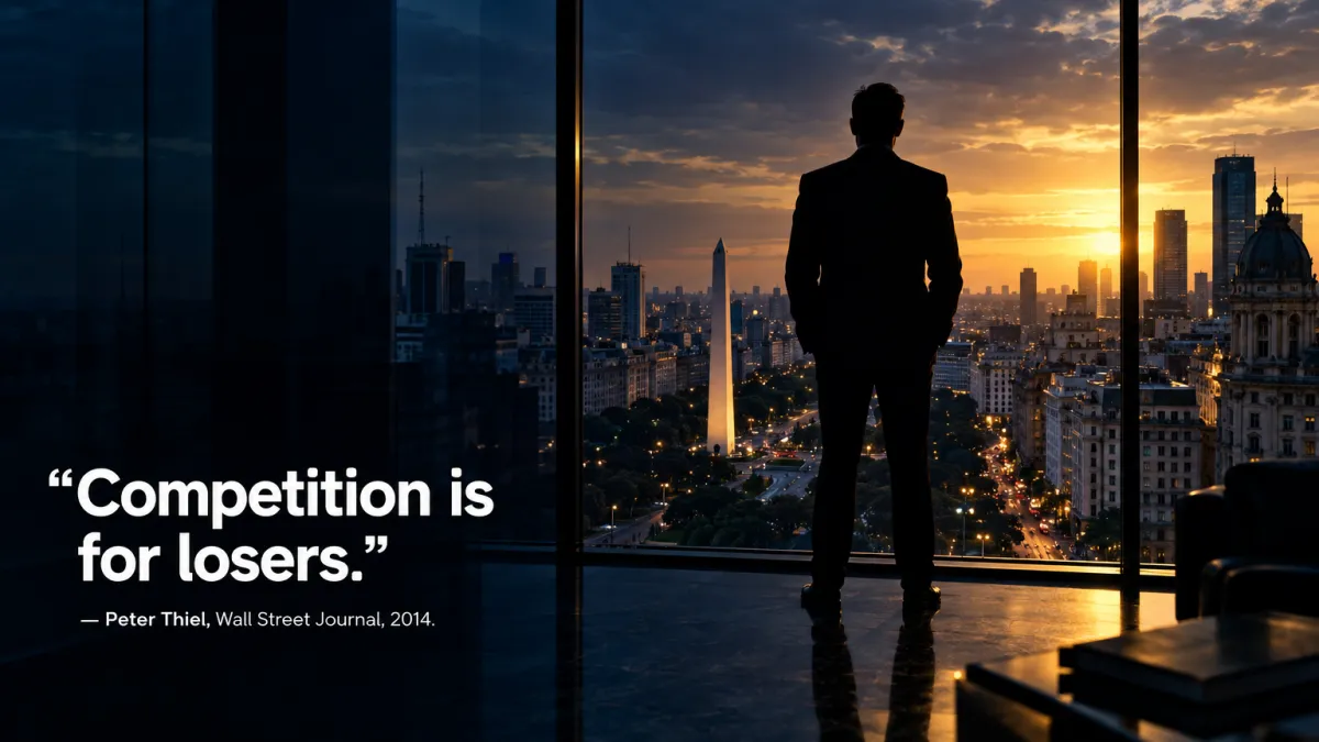 Peter Thiel silhouette against city skyline with conviction quote overlay