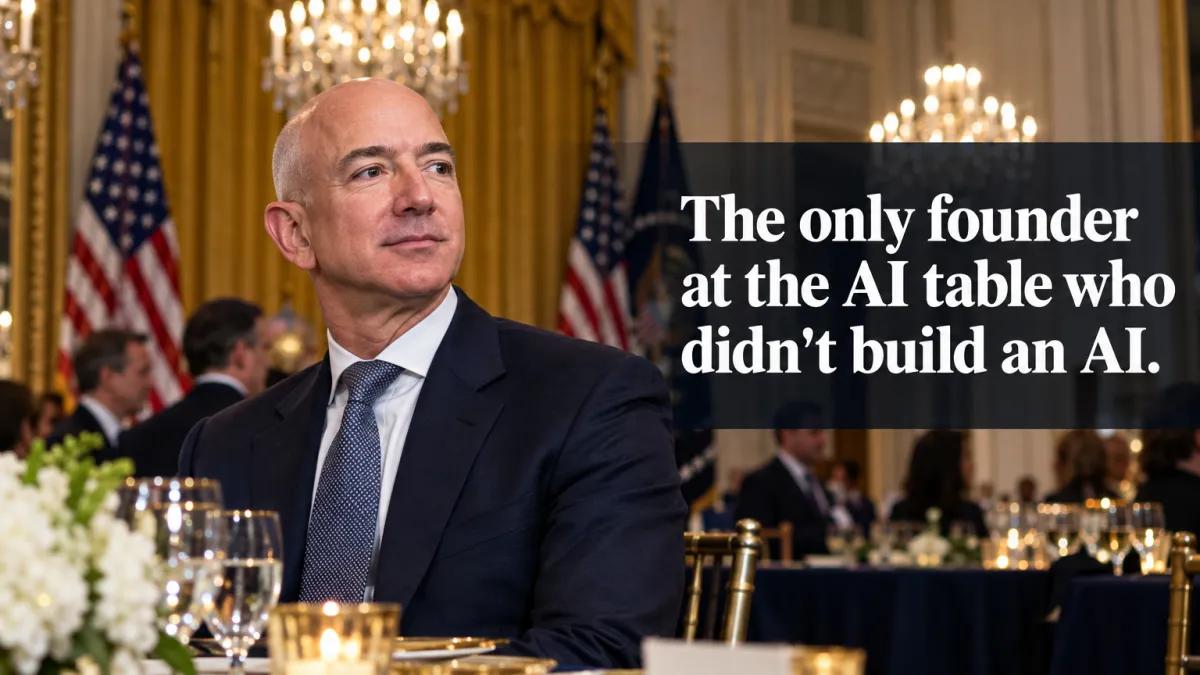 Jeff Bezos editorial portrait at White House East Room state dinner — the only founder at the AI table who never built an AI