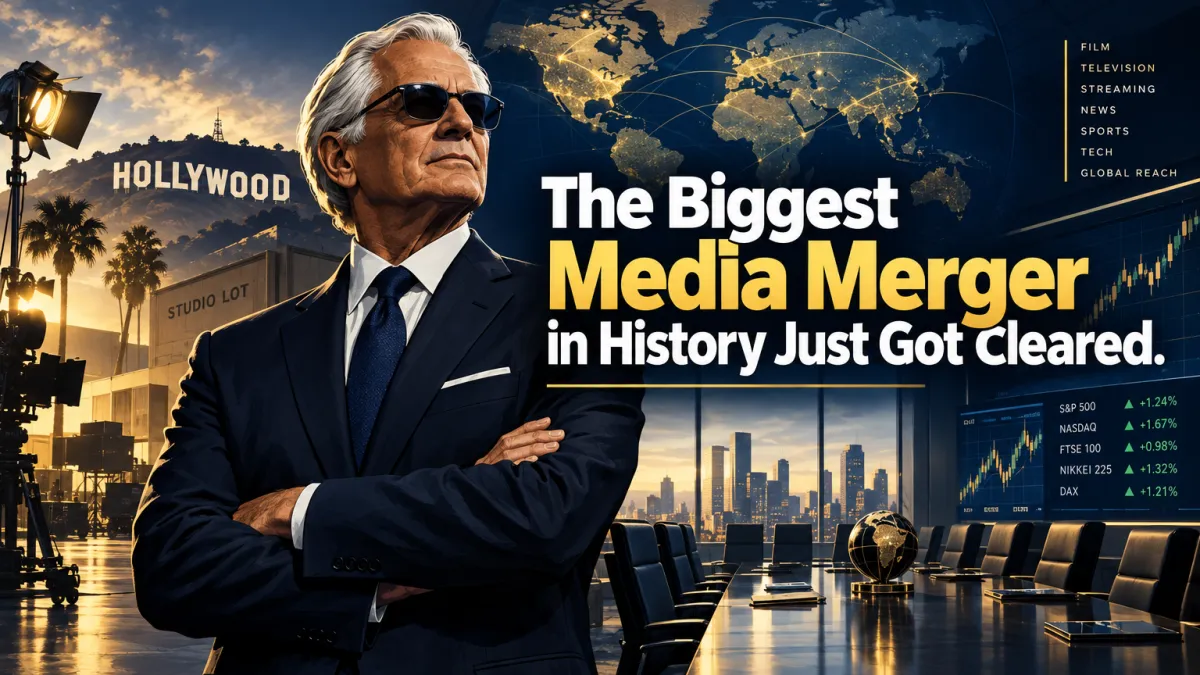 Editorial illustration of a silver-haired tech CEO in front of a Hollywood studio lot and boardroom — representing David Ellison's $111 billion media merger win