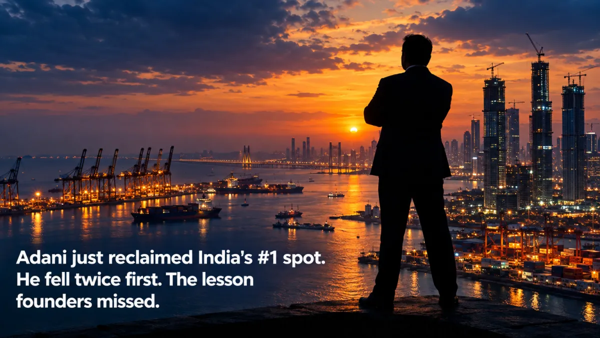 Editorial concept of a business titan silhouette against a glowing Mumbai harbour skyline at dusk — Gautam Adani comeback lesson for startup founders