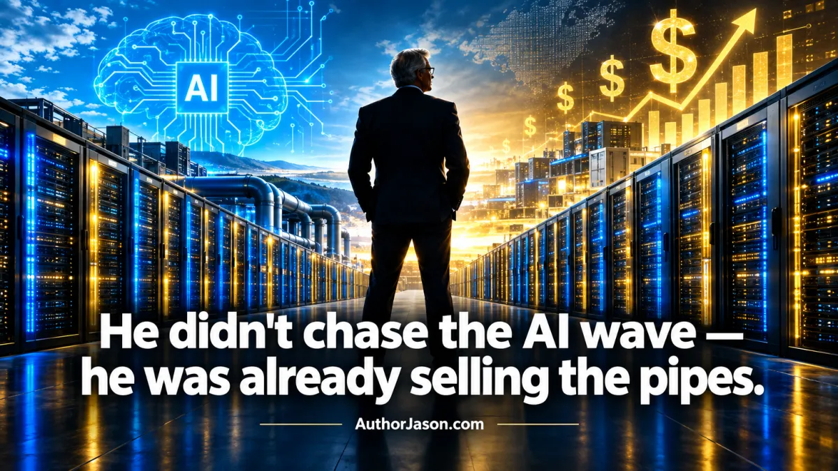 Editorial concept of a tech executive silhouetted in a vast AI server hall — Michael Dell infrastructure positioning lesson for startup founders