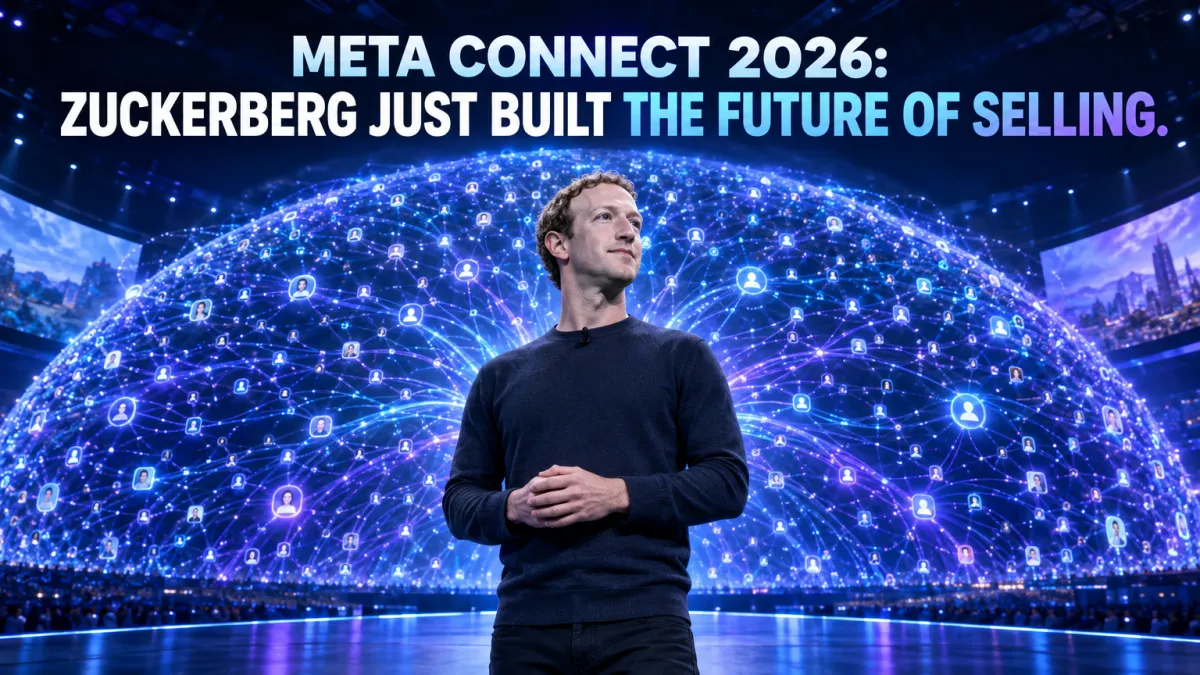 Editorial concept of a tech visionary standing inside a glowing AI neural-network dome at Meta Connect 2026 — Zuckerberg Personal Superintelligence lesson for startup founders