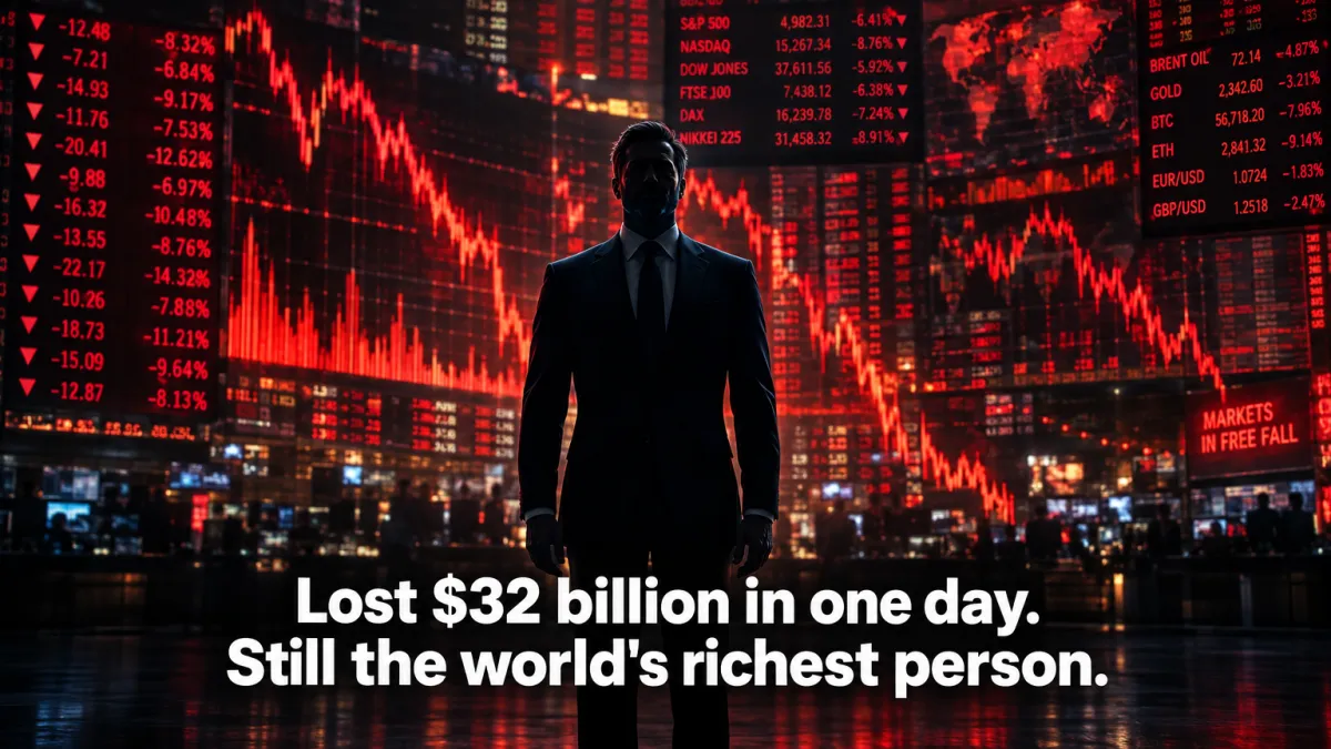 Editorial concept of a composed silhouette standing still before a wall of collapsing red financial data — Elon Musk $32 billion single-day loss founder lesson