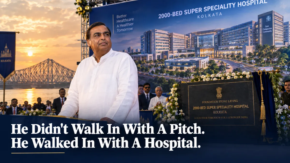 Gautam Adani at the foundation-laying ceremony for Adani Arogya Mandir in Kolkata with hospital rendering in background