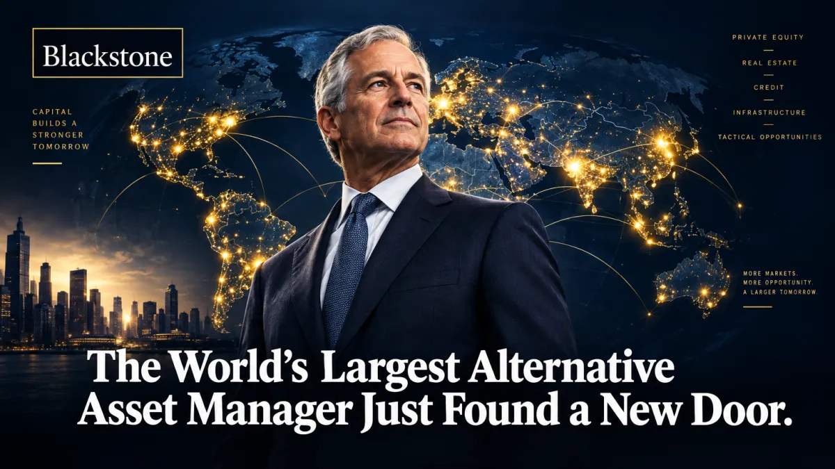 Editorial concept of a Wall Street titan overlooking a global map of illuminated markets — Steve Schwarzman Blackstone BXPM founder lesson on untapped buyer access