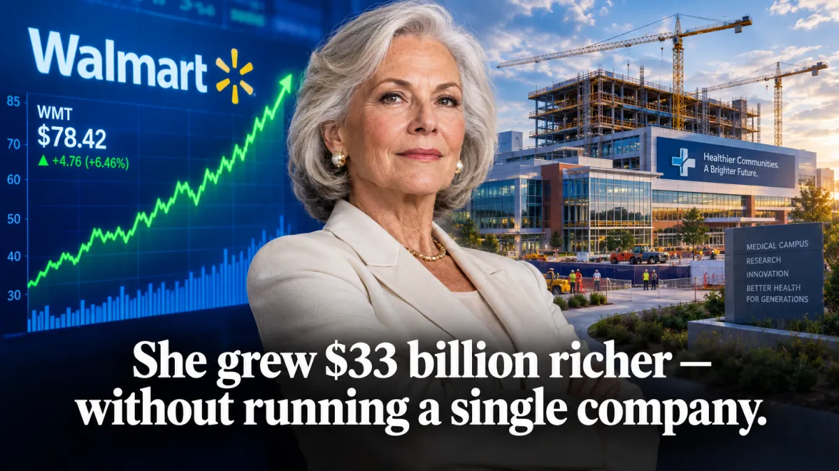 Editorial portrait concept of Alice Walton — billionaire Walmart heiress who grew $33 billion richer without running a company, now building a tuition-free medical school