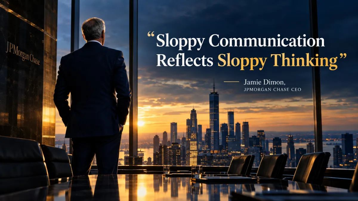 Jamie Dimon boardroom editorial concept — sloppy communication reflects sloppy thinking, the founder pitch lesson