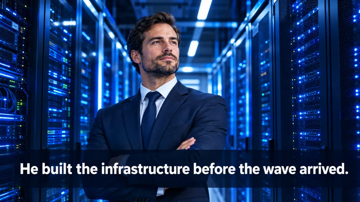Businessman in a data center corridor — the founder lesson on raising capital after a public setback, inspired by Jeff Bezos and Blue Origin
