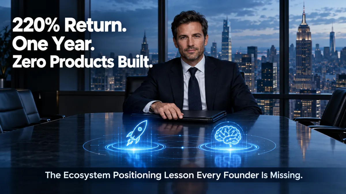Venture capitalist at boardroom table with New York skyline — Josh Kushner Thrive Capital 220% return ecosystem positioning lesson for startup founders